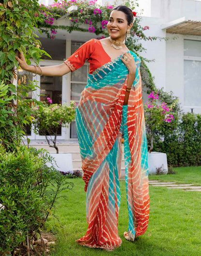 Teal Blue Georgette Printed Laheriya Saree