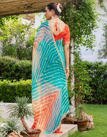 Teal Blue Georgette Printed Laheriya Saree