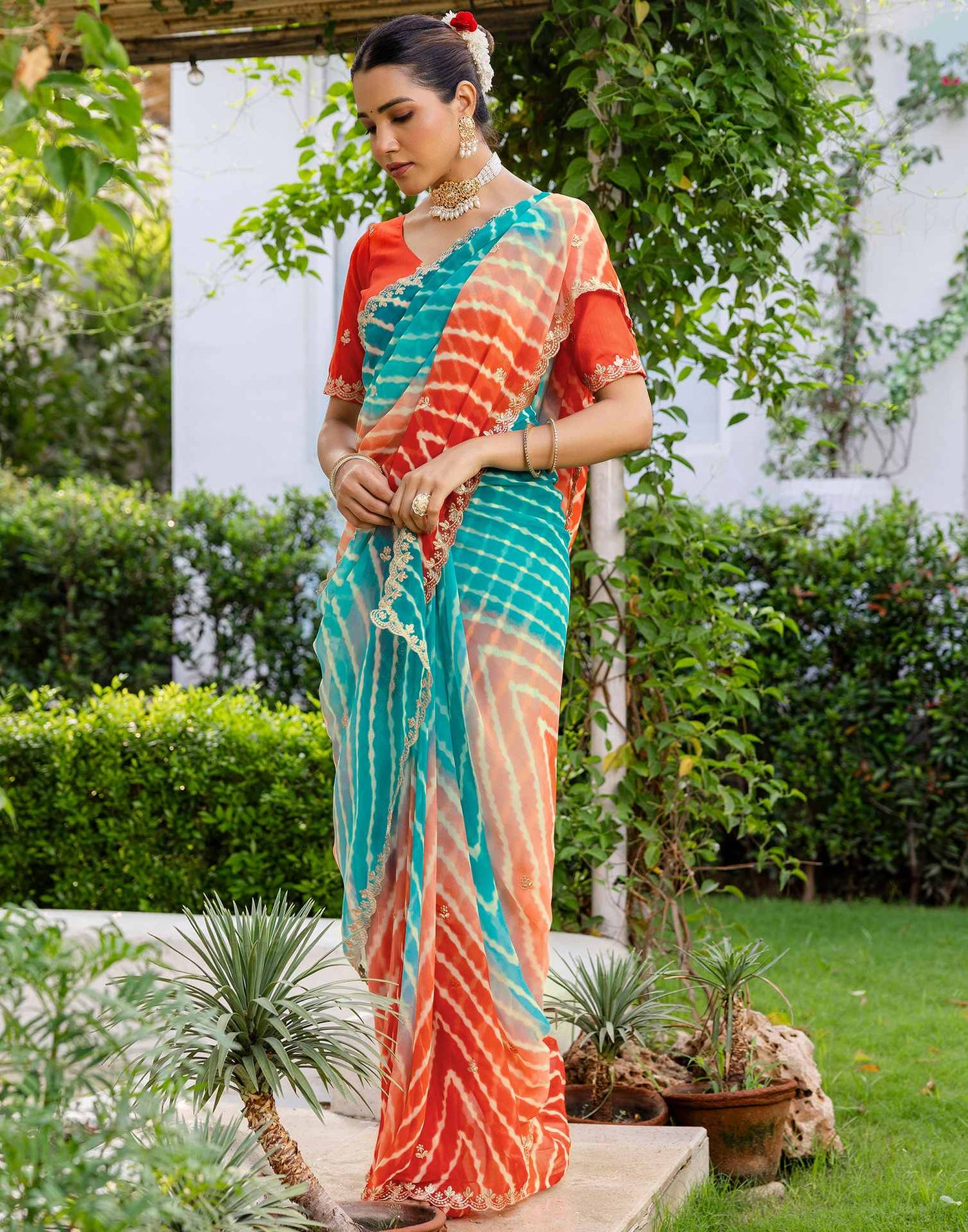 Teal Blue Georgette Printed Laheriya Saree