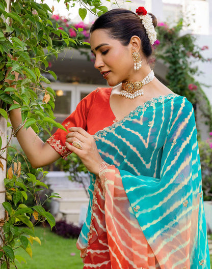 Teal Blue Georgette Printed Laheriya Saree