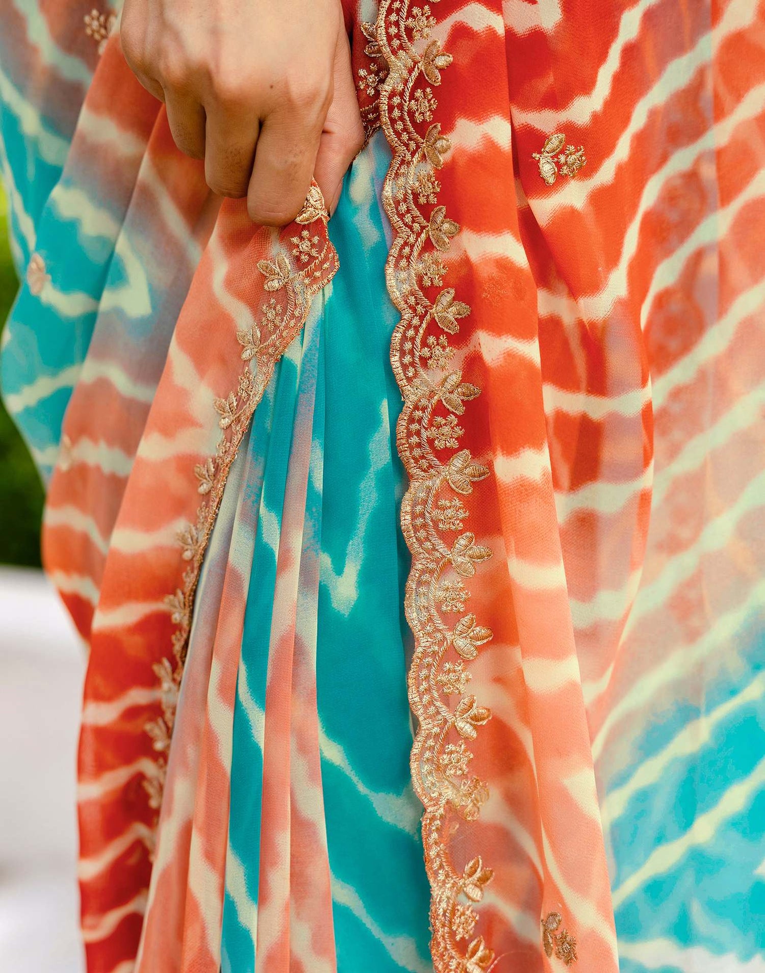 Teal Blue Georgette Printed Laheriya Saree