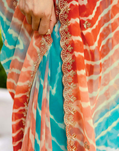 Teal Blue Georgette Printed Laheriya Saree