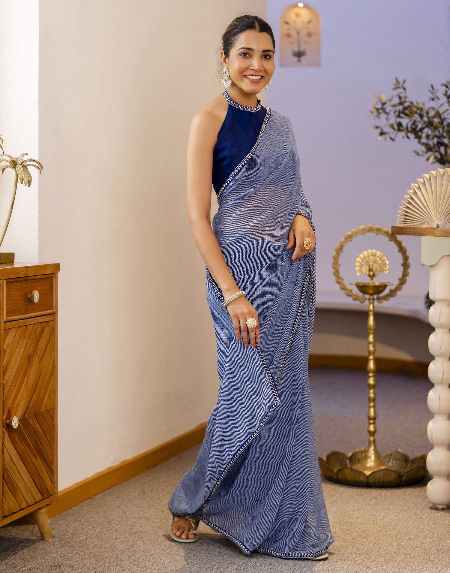 Navy Blue Georgette Printed Saree