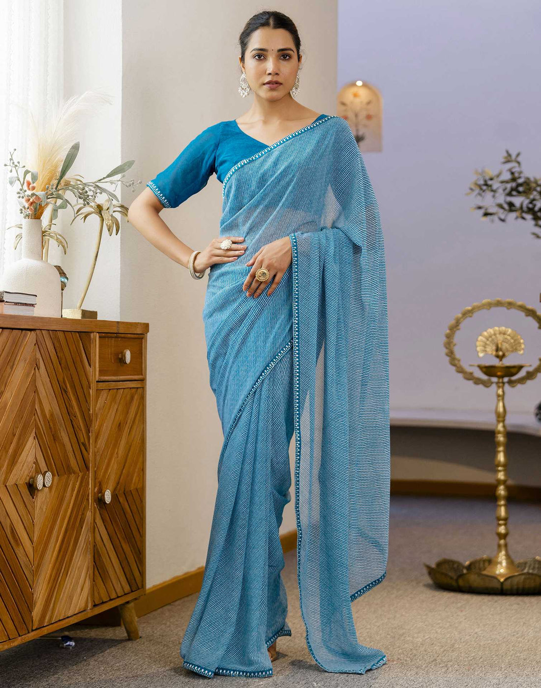 Teal Blue Georgette Printed Saree