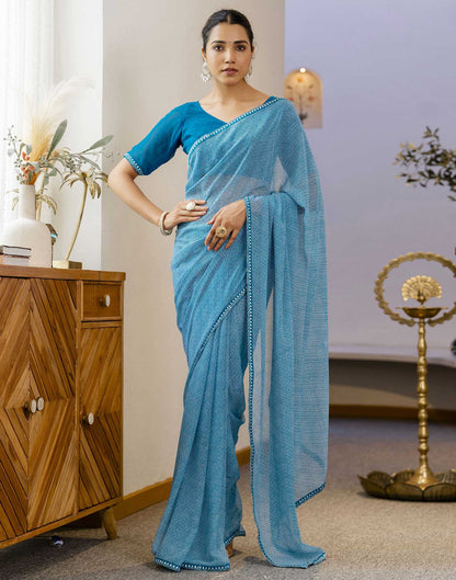 Teal Blue Georgette Printed Saree