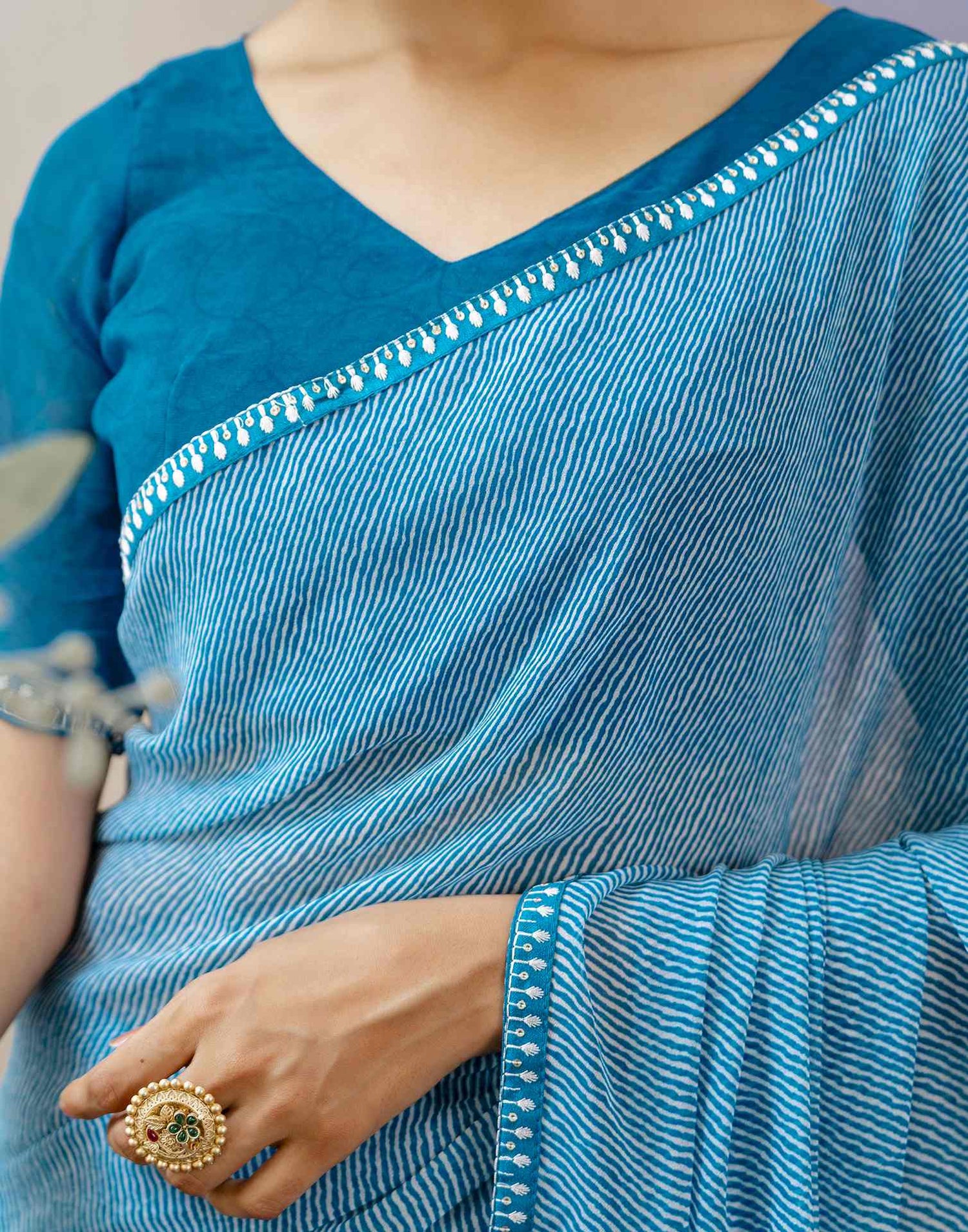 Teal Blue Georgette Printed Saree