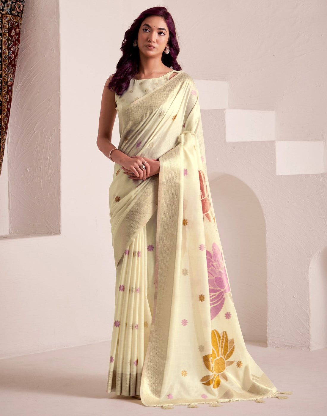 Cream Linen Woven Saree