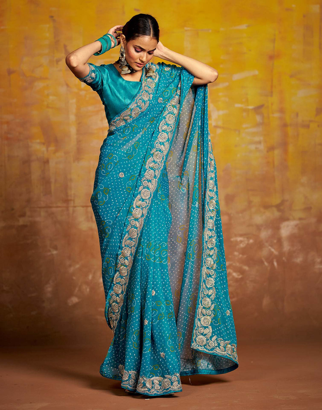 Teal Blue Georgette Bandhani Printed Saree
