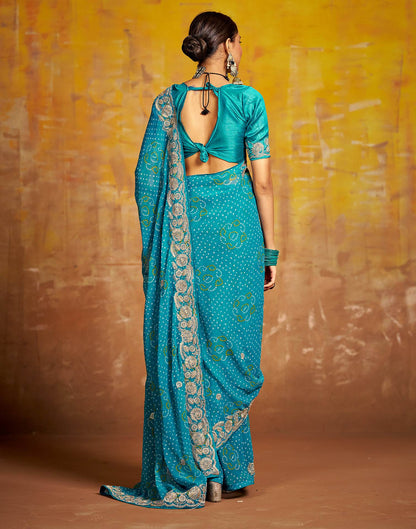 Teal Blue Georgette Bandhani Printed Saree