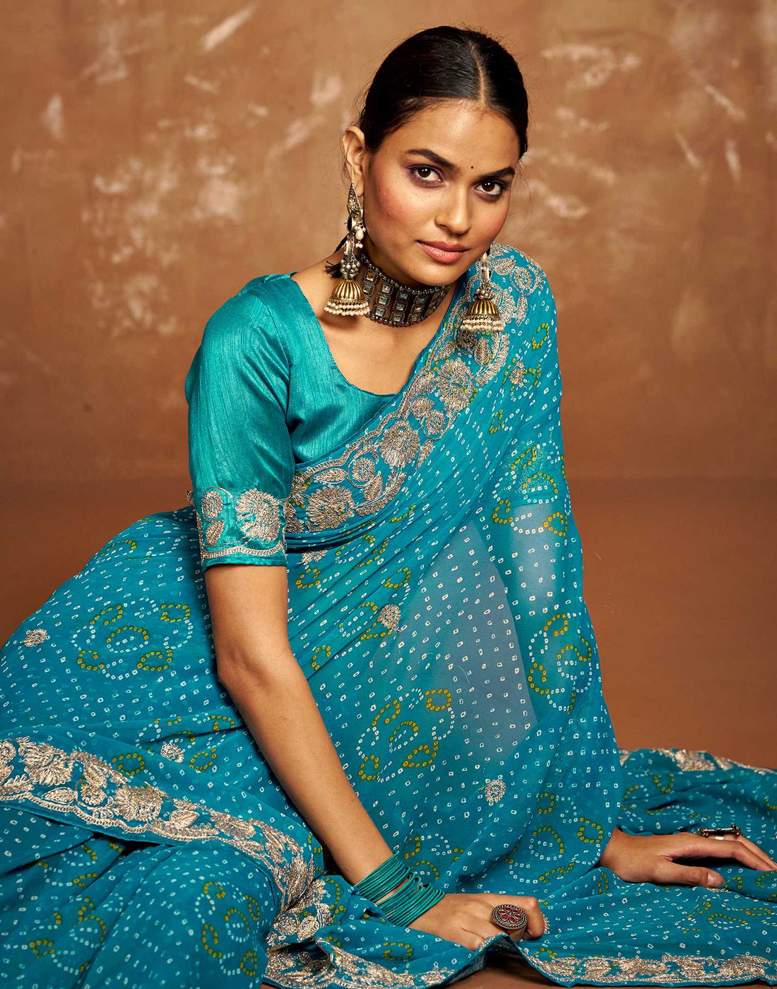 Teal Blue Georgette Bandhani Printed Saree