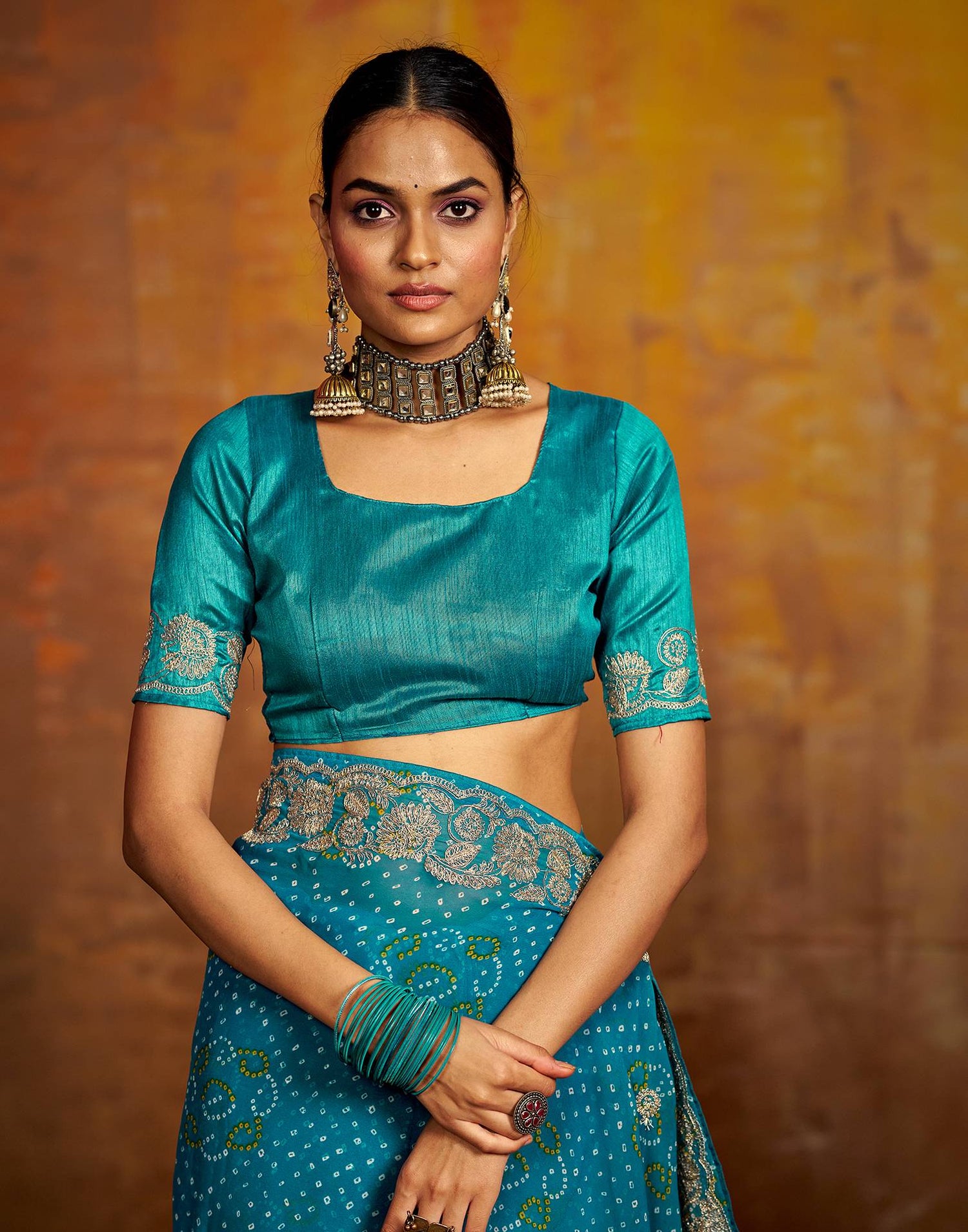 Teal Blue Georgette Bandhani Printed Saree