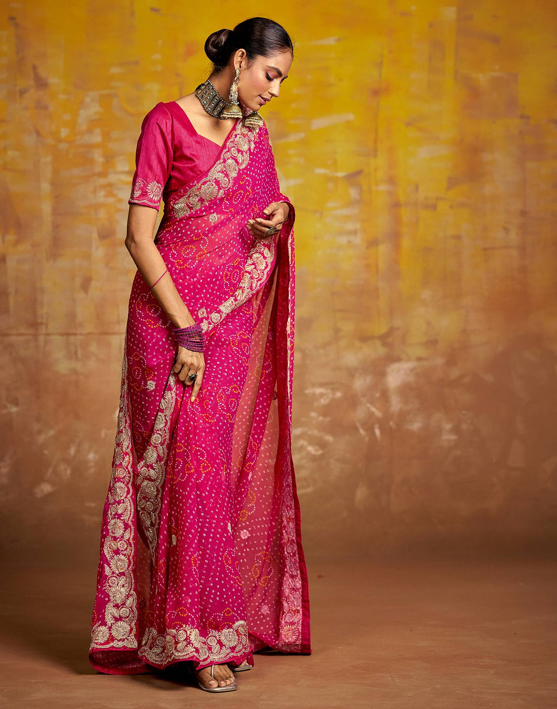 Rani Pink Georgette Bandhani Printed Saree