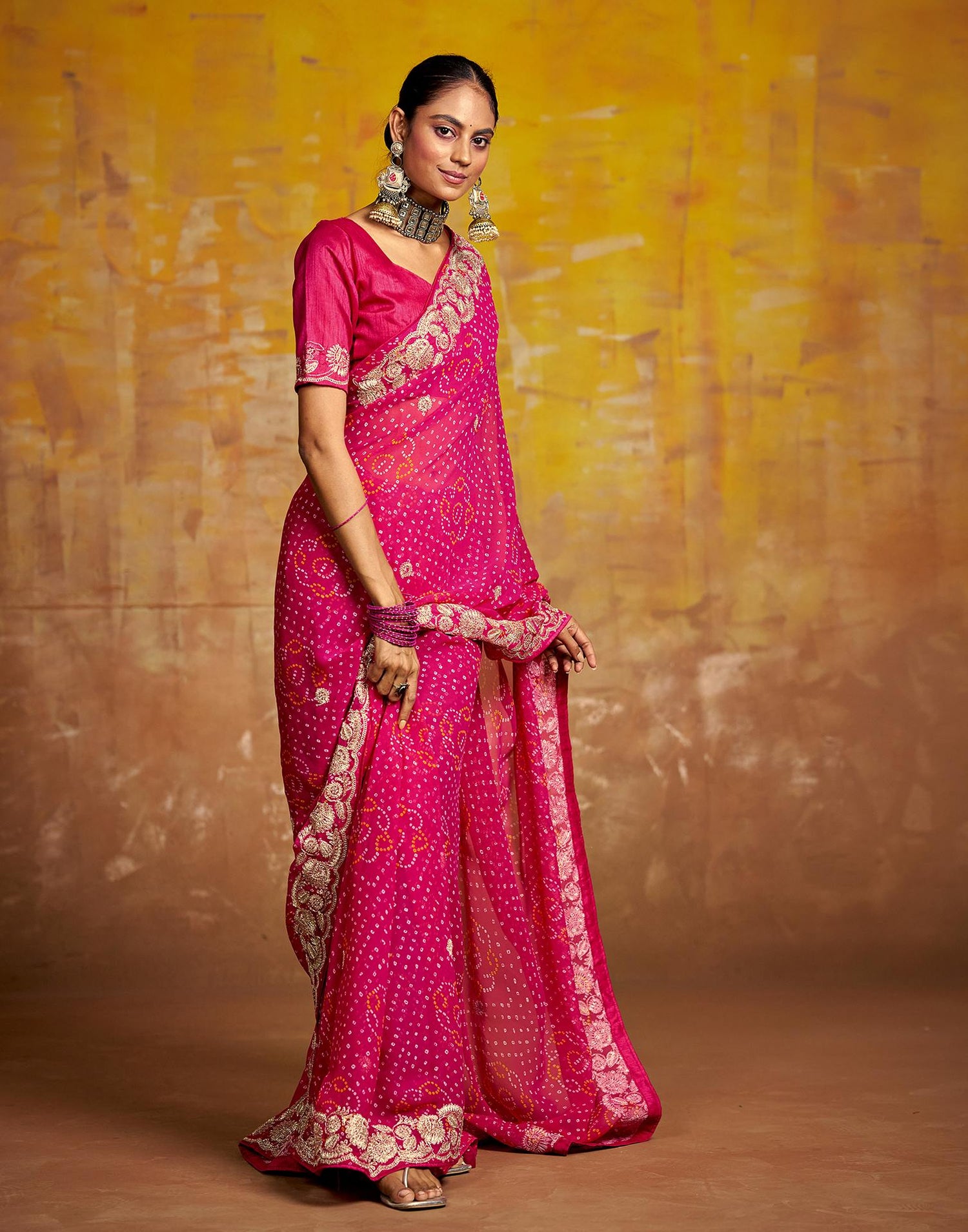 Rani Pink Georgette Bandhani Printed Saree