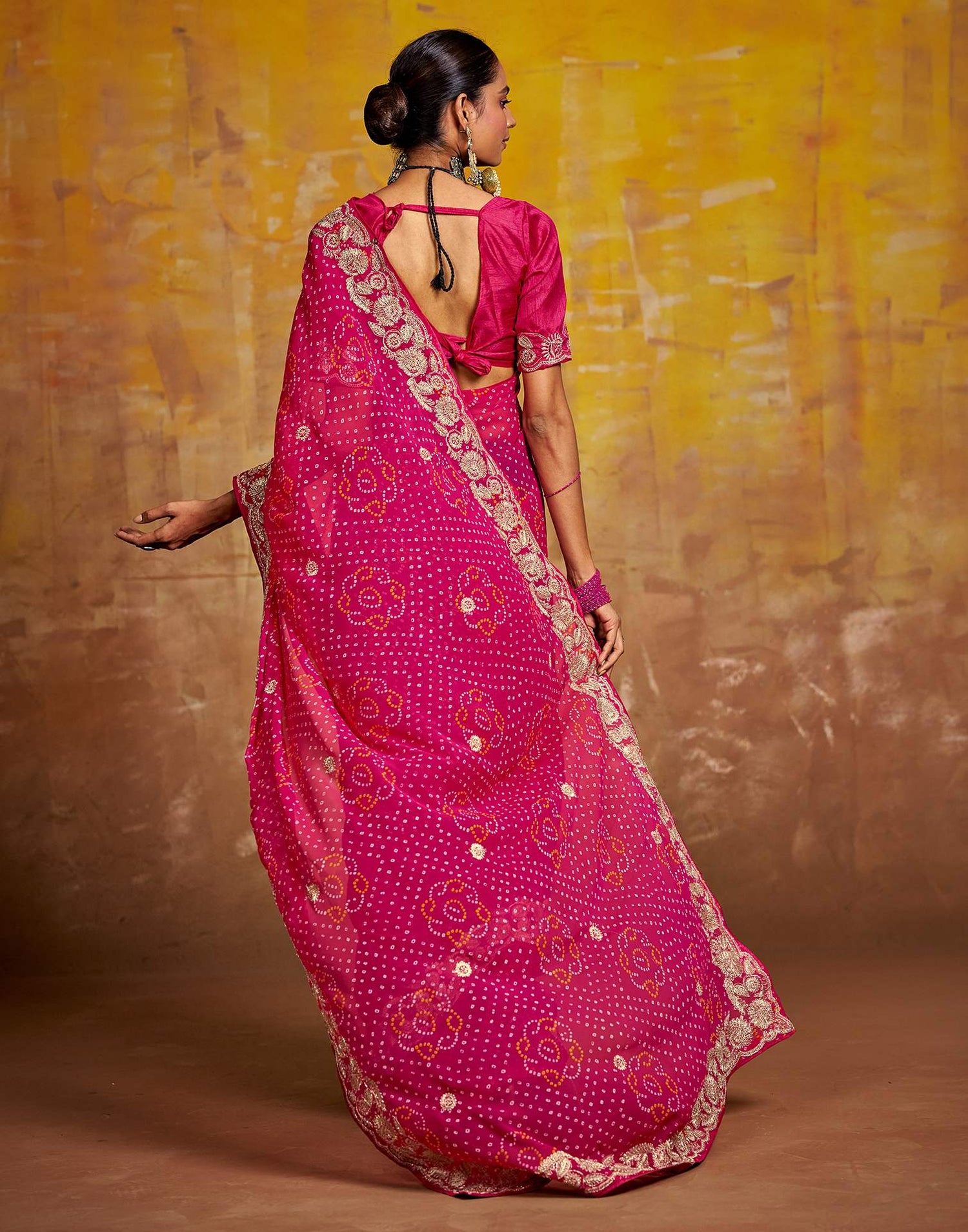 Rani Pink Georgette Bandhani Printed Saree
