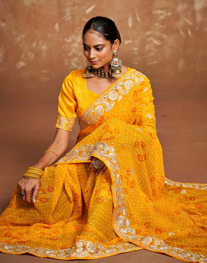 Yellow Georgette Bandhani Printed Saree