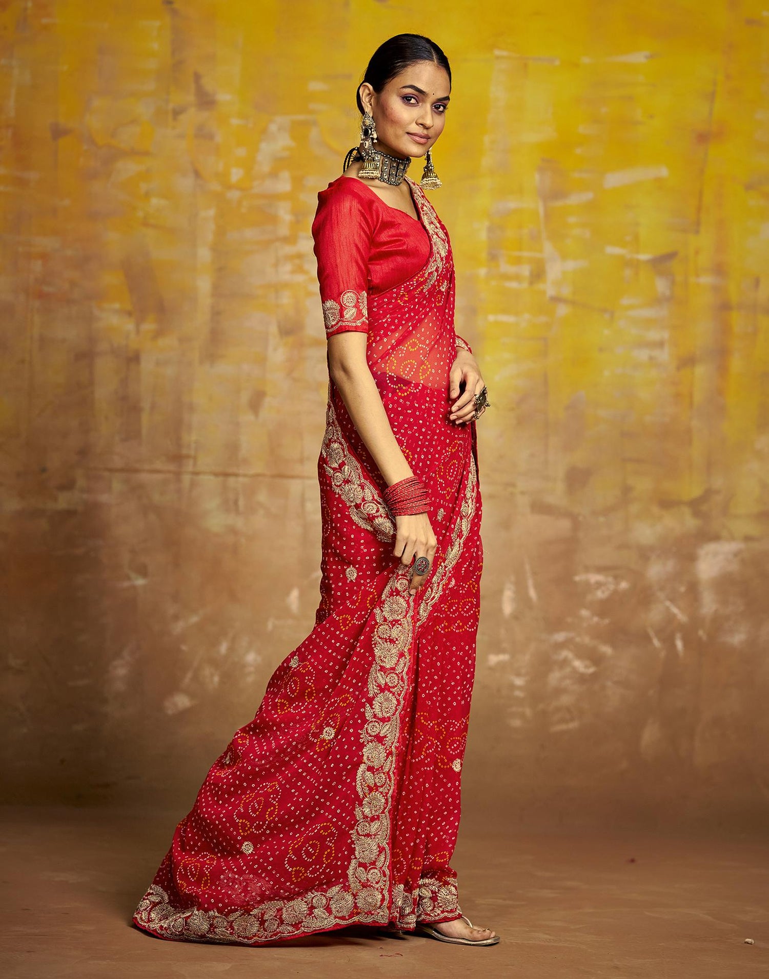 Red Georgette Bandhani Printed Saree
