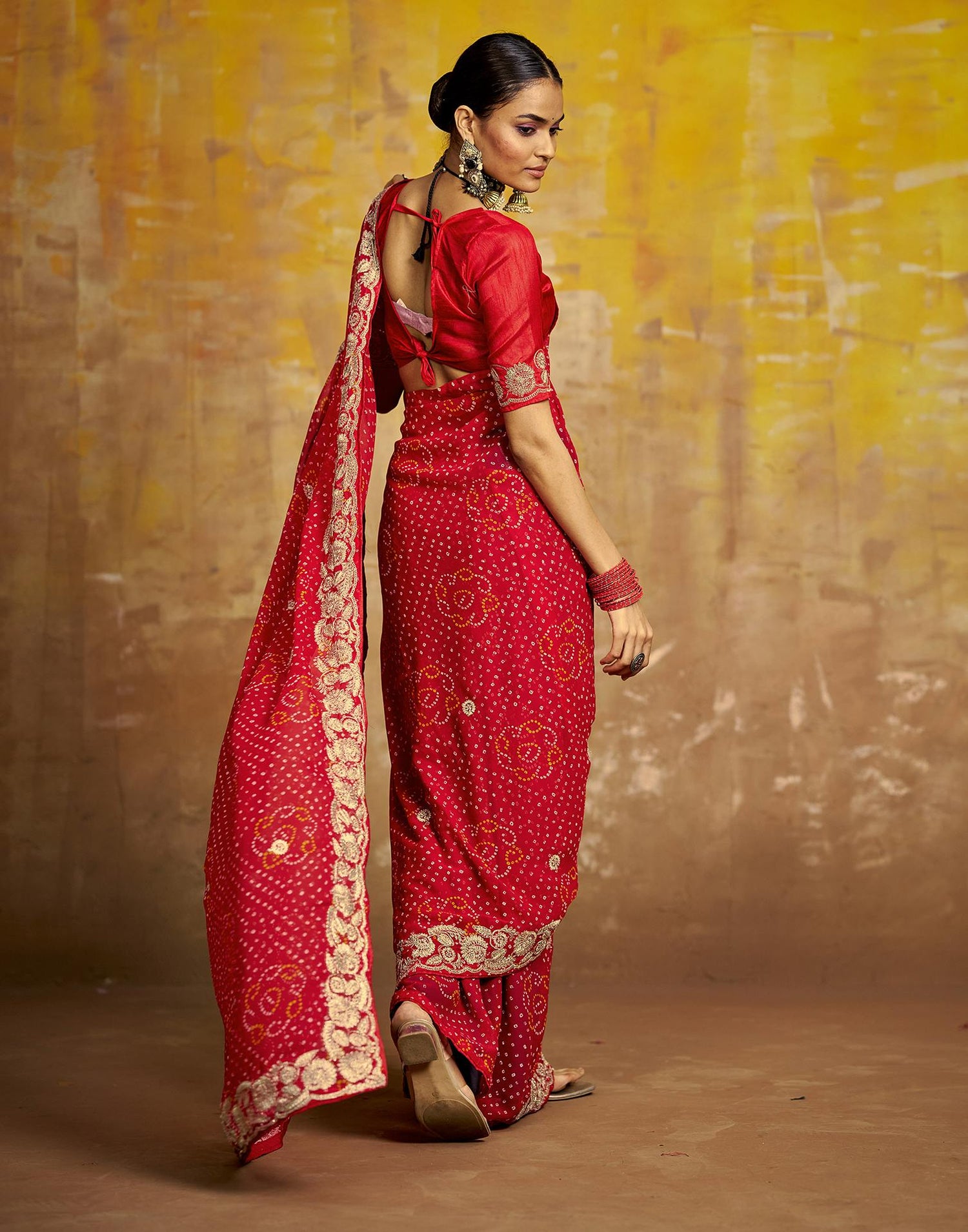 Red Georgette Bandhani Printed Saree