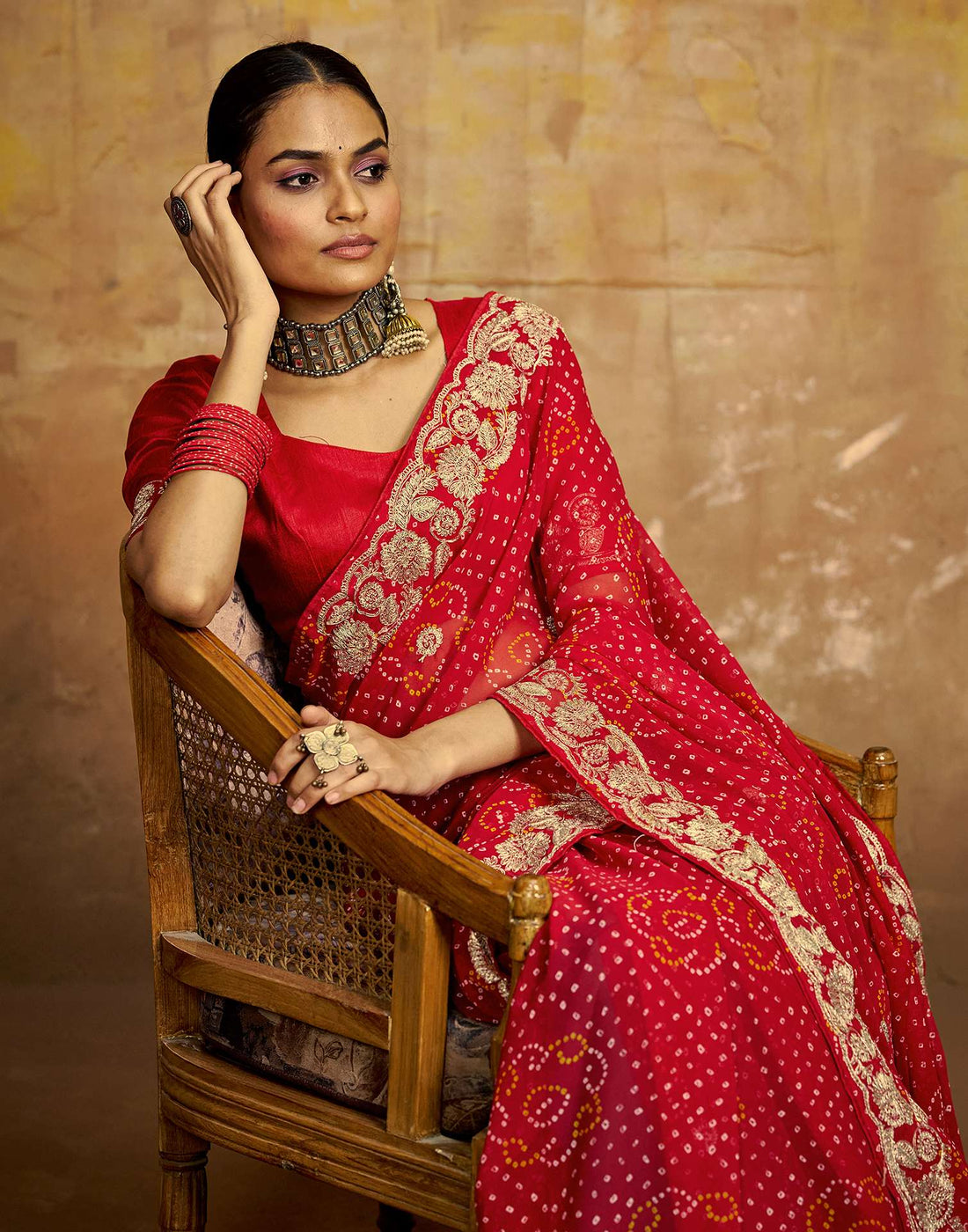 Red Georgette Bandhani Printed Saree
