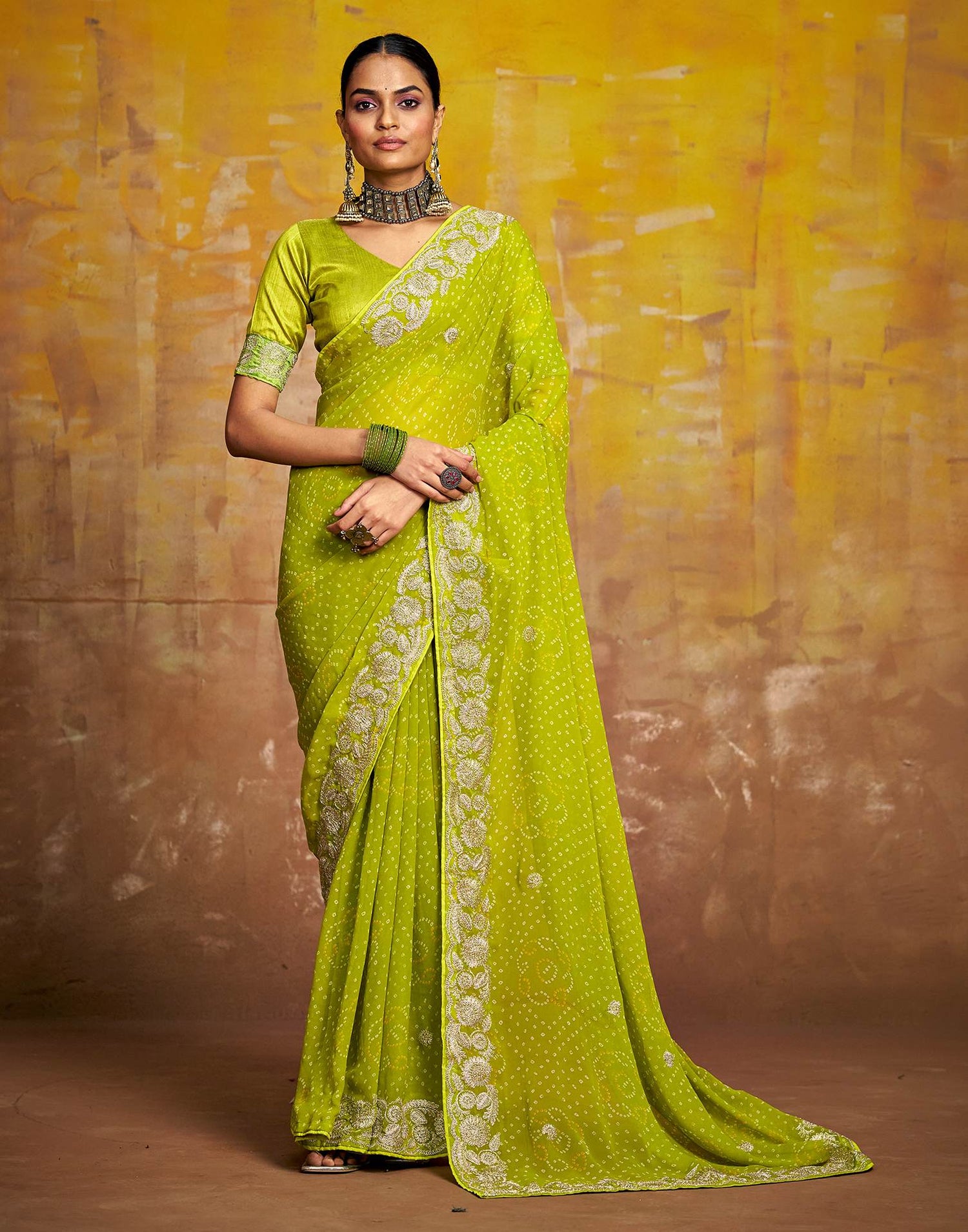 Green Georgette Bandhani Printed Saree