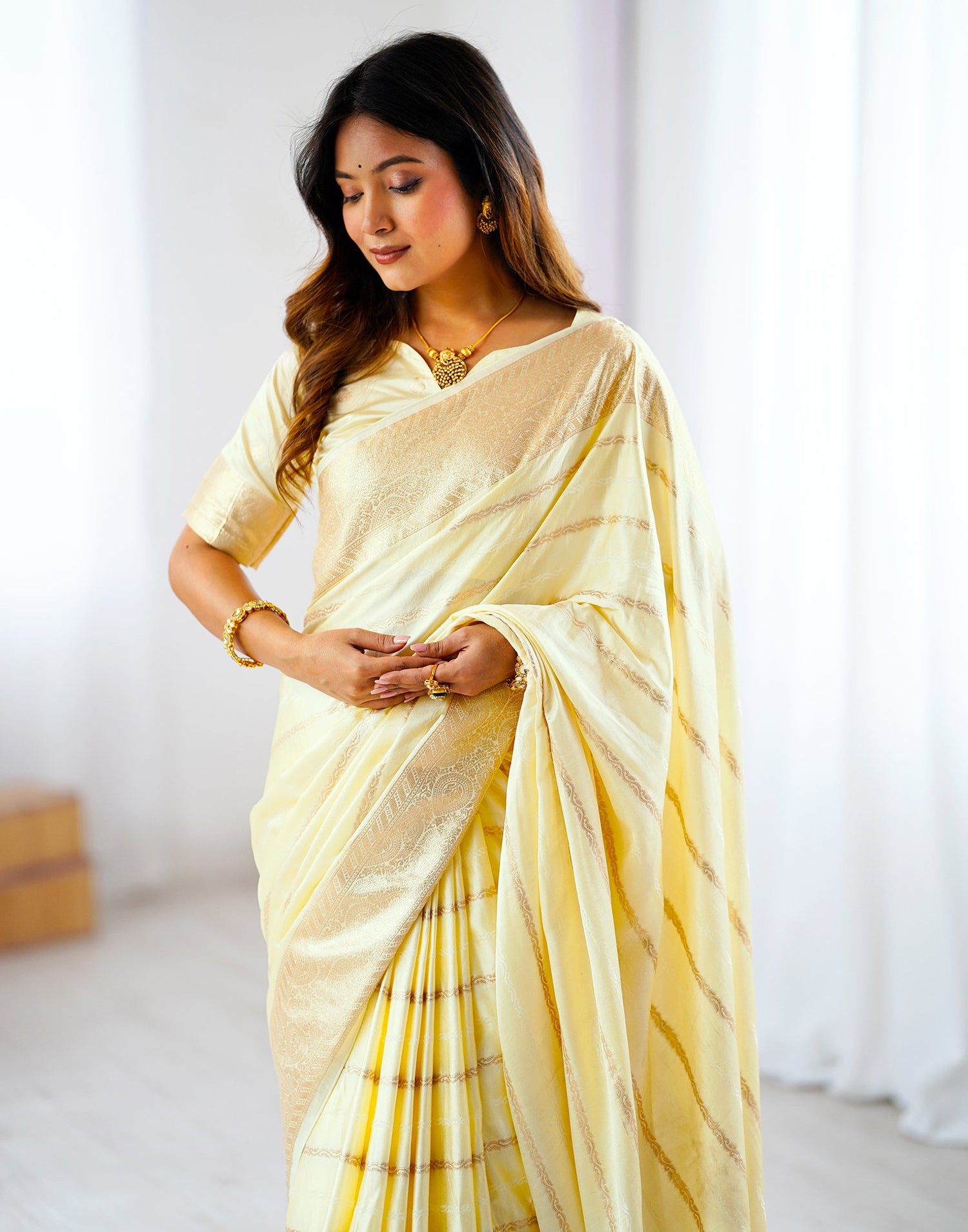 Cream Silk Woven Kanjivaram Saree
