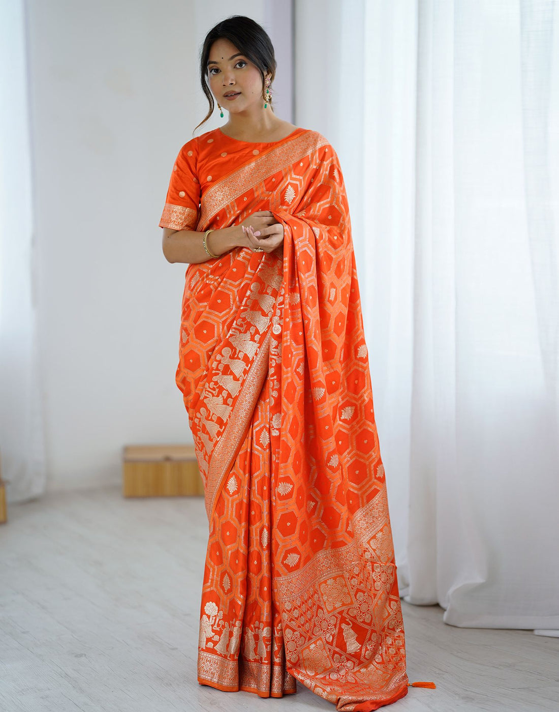 Orange Silk Woven Banarasi Saree