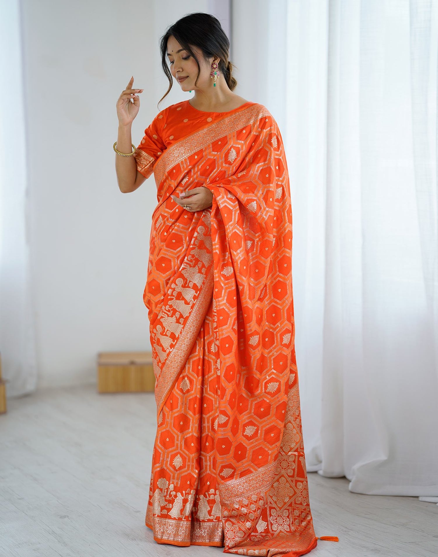 Orange Silk Woven Banarasi Saree