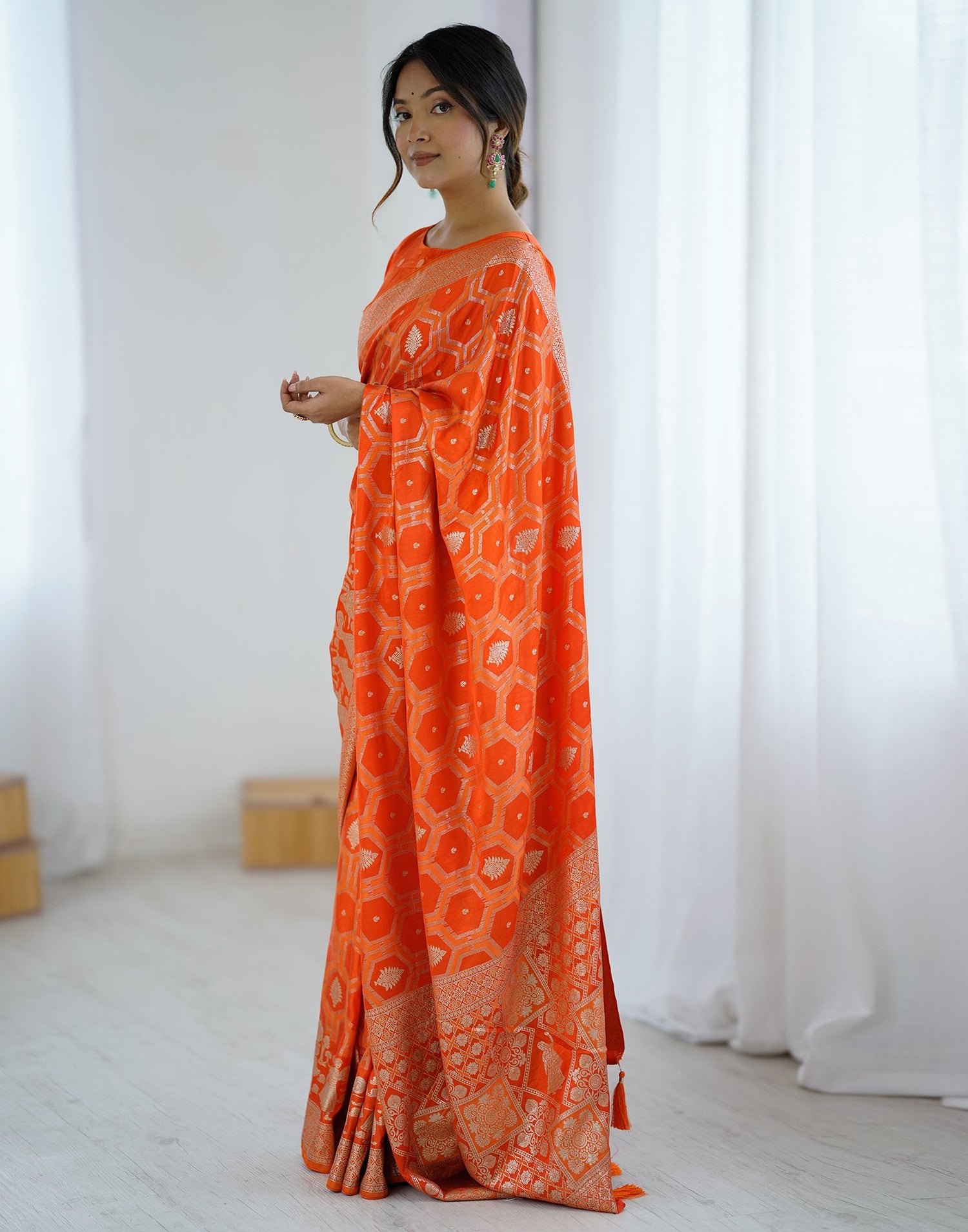 Orange Silk Woven Banarasi Saree