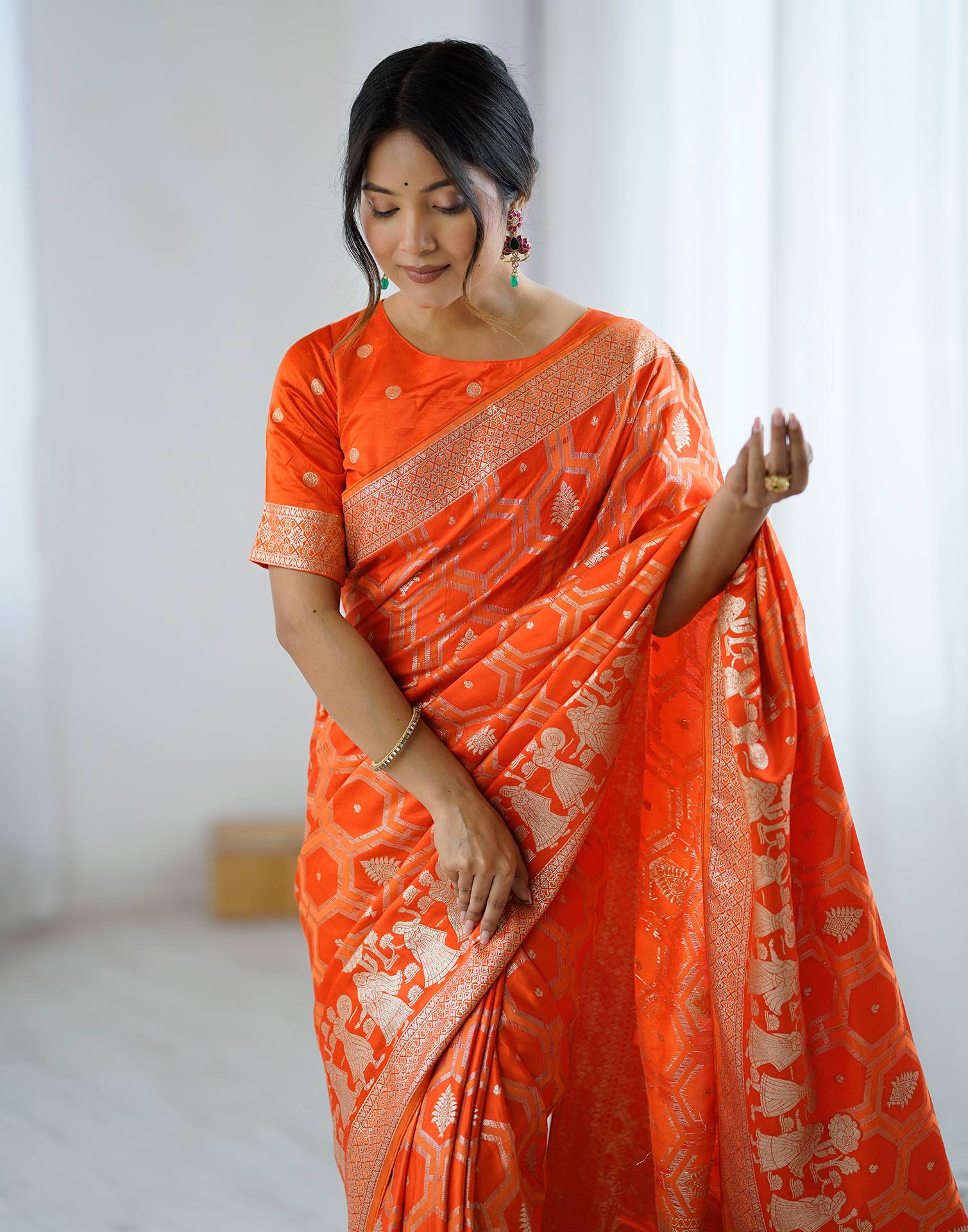 Orange Silk Woven Banarasi Saree