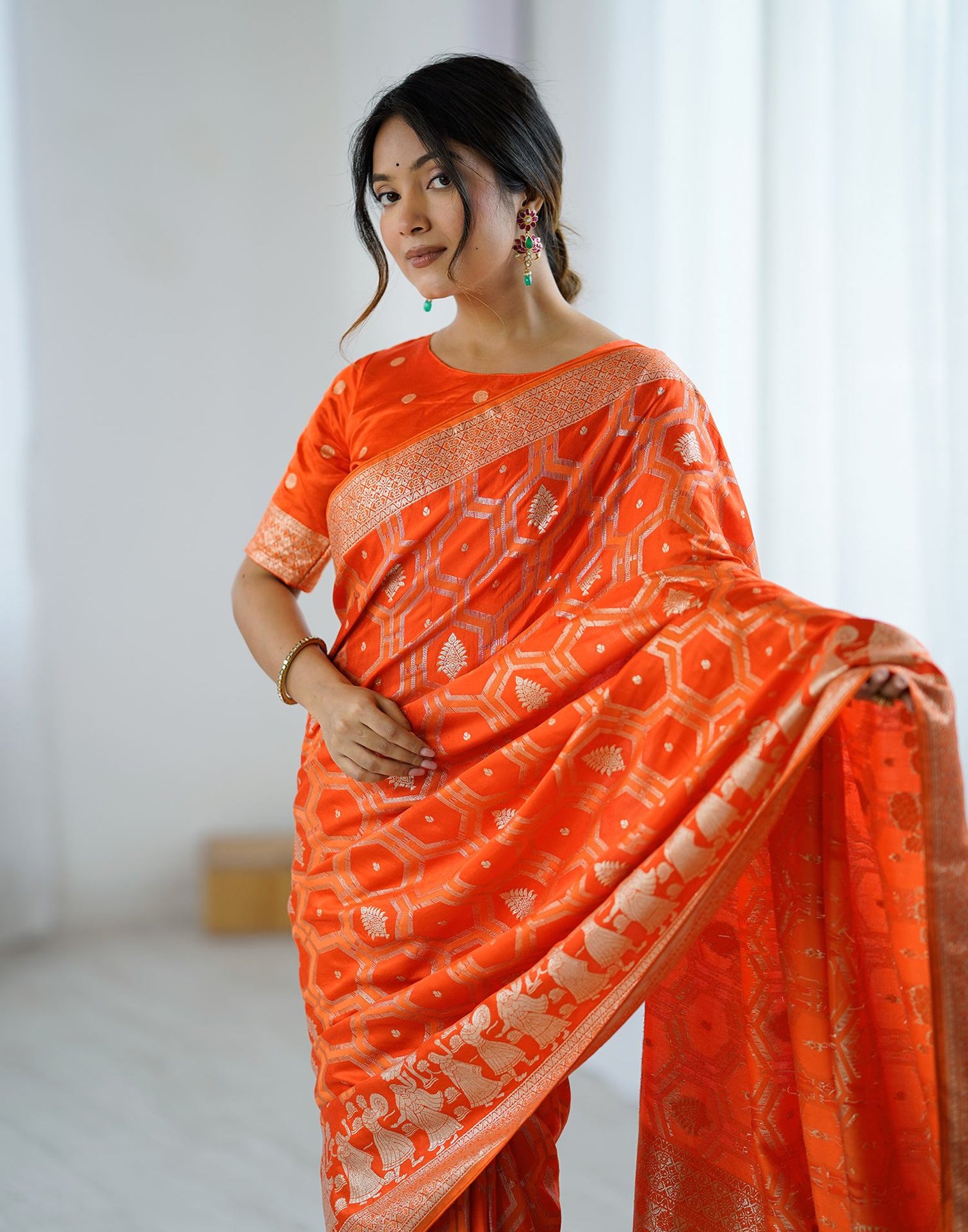 Orange Silk Woven Banarasi Saree