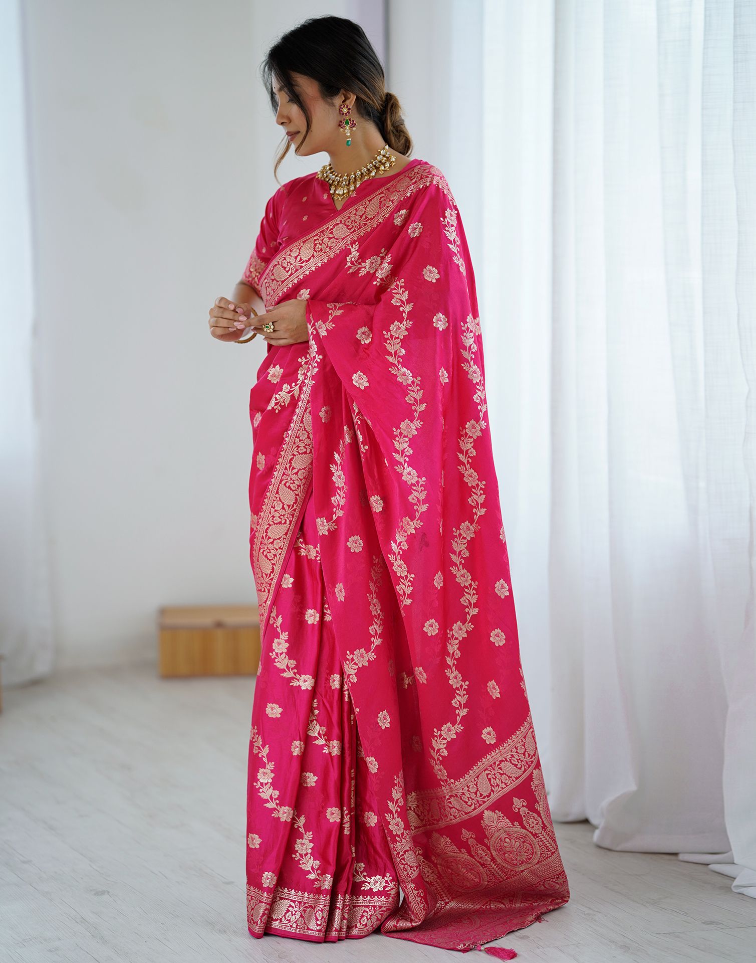 Coral Pink Silk Woven Banarasi Saree