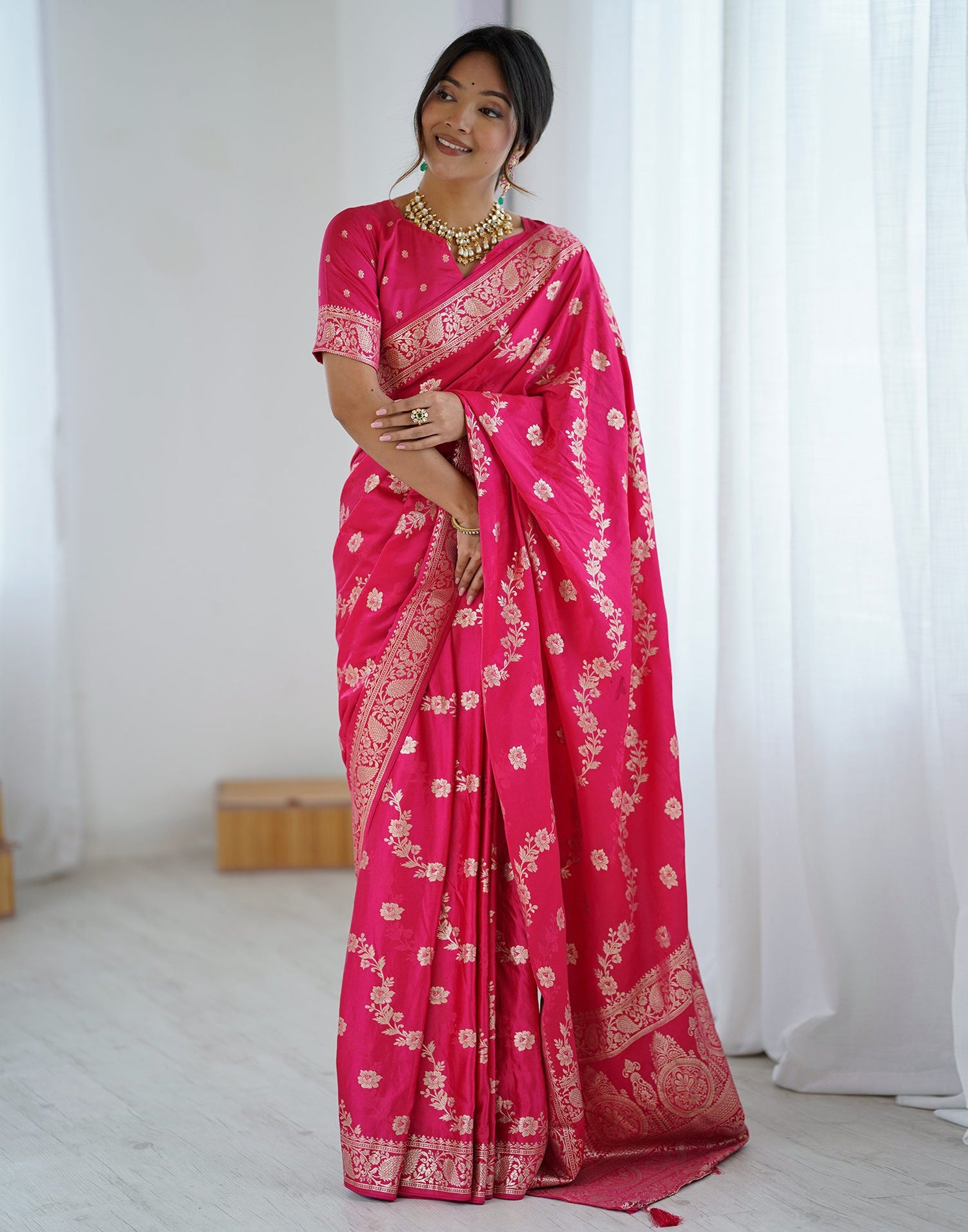 Coral Pink Silk Woven Banarasi Saree