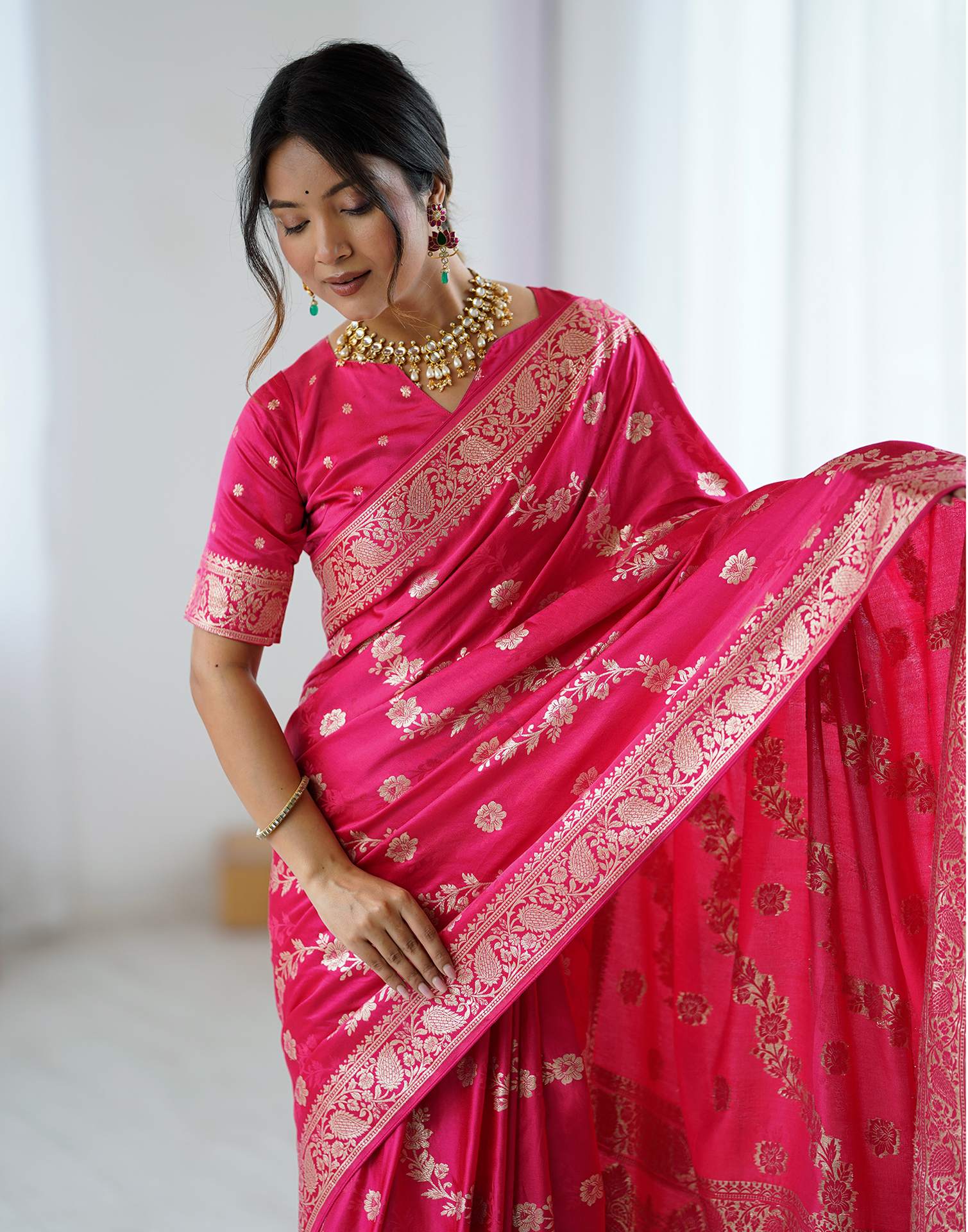 Coral Pink Silk Woven Banarasi Saree