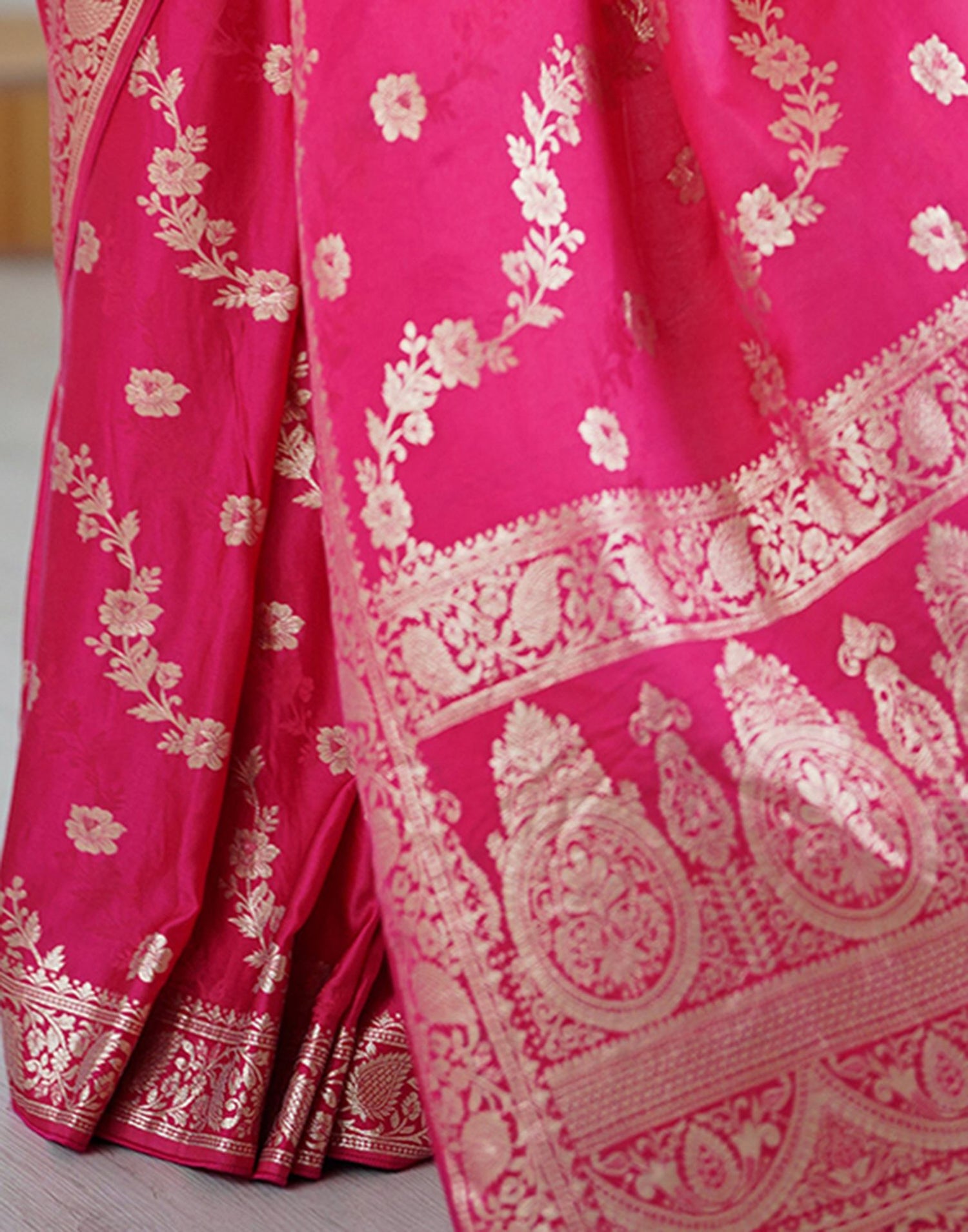Coral Pink Silk Woven Banarasi Saree