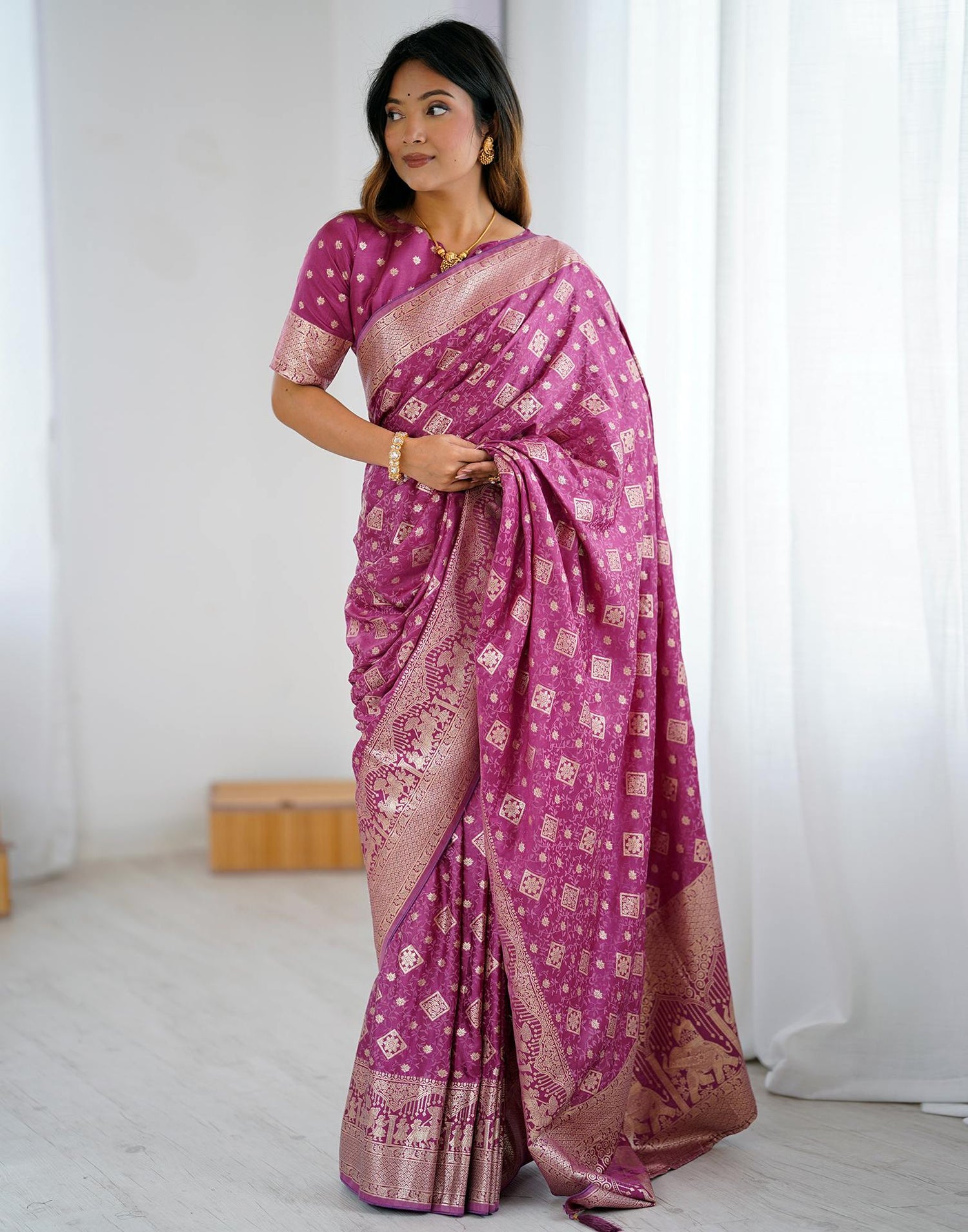 Plum Purple Silk Woven Banarasi Saree