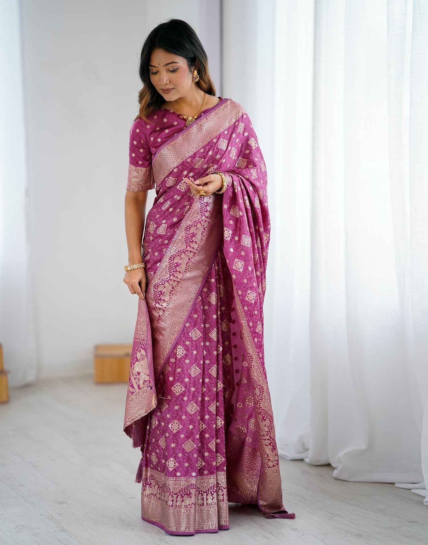 Plum Purple Silk Woven Banarasi Saree
