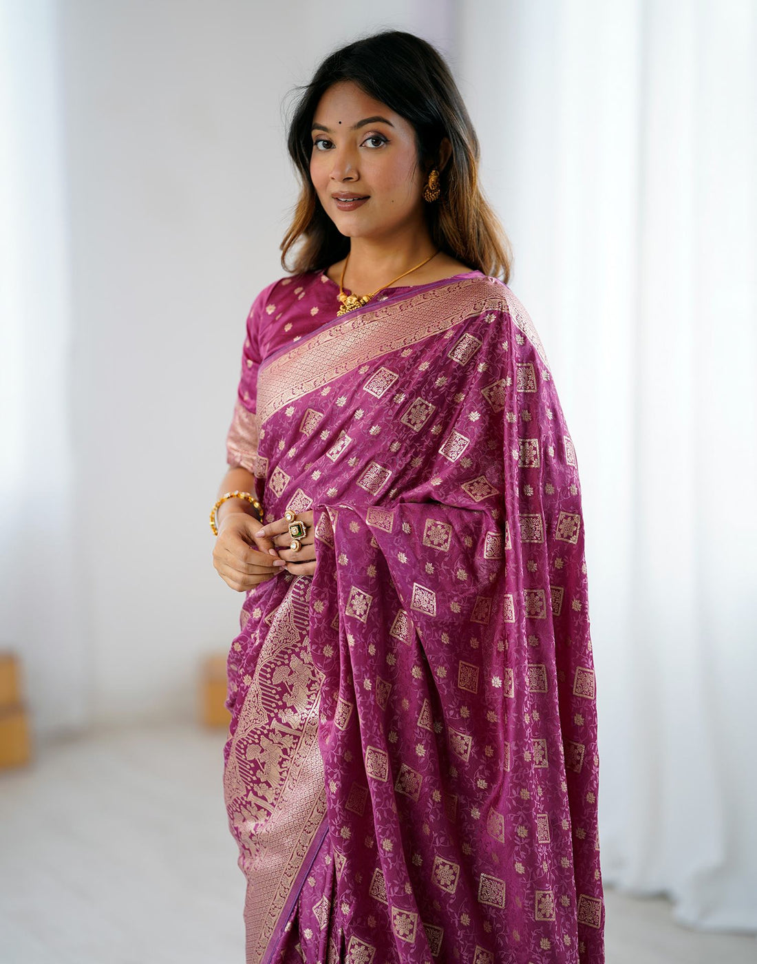 Plum Purple Silk Woven Banarasi Saree