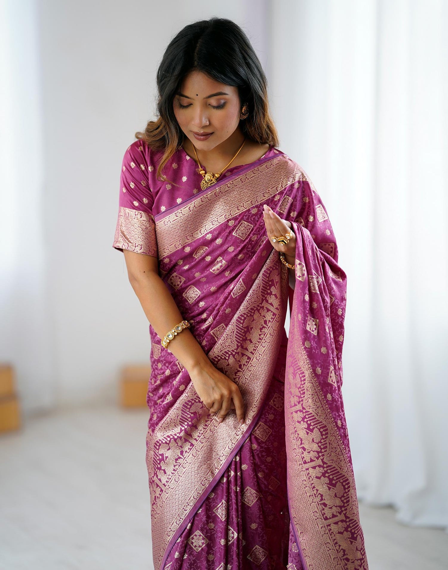 Plum Purple Silk Woven Banarasi Saree