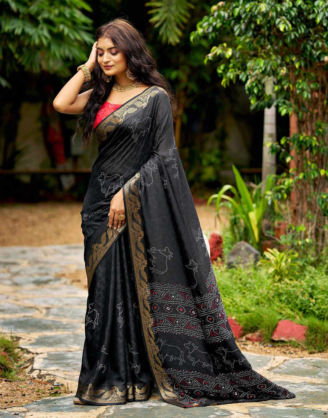 Black Silk Bandhani Printed Saree