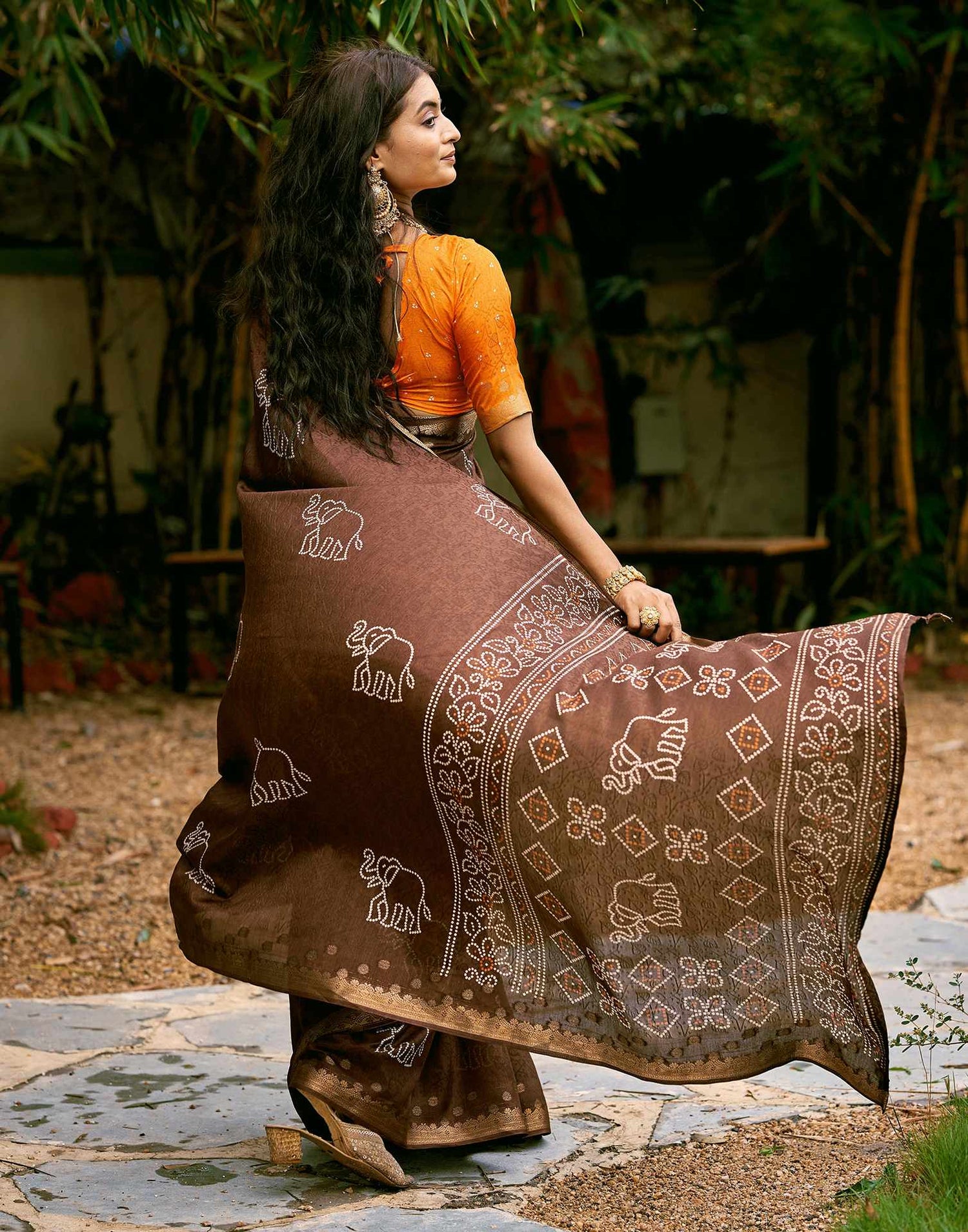Brown Silk Bandhani Printed Saree