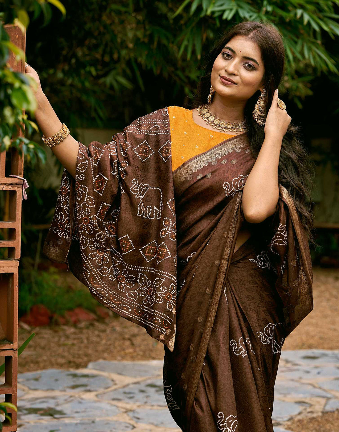 Brown Silk Bandhani Printed Saree