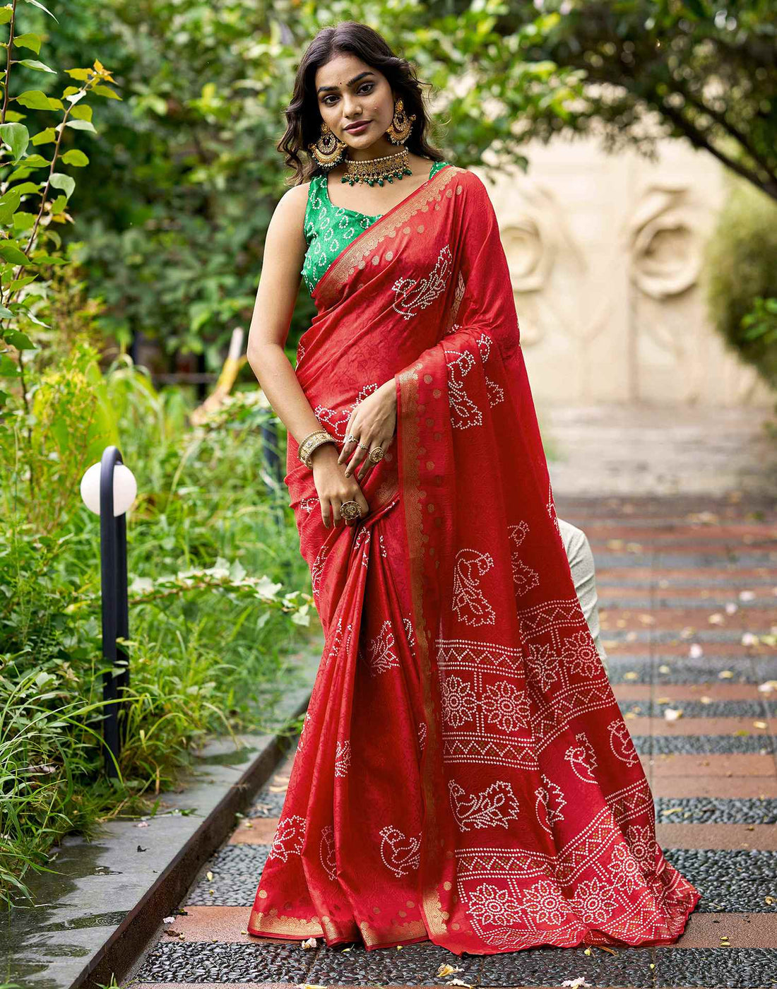 Red Silk Bandhani Printed Saree
