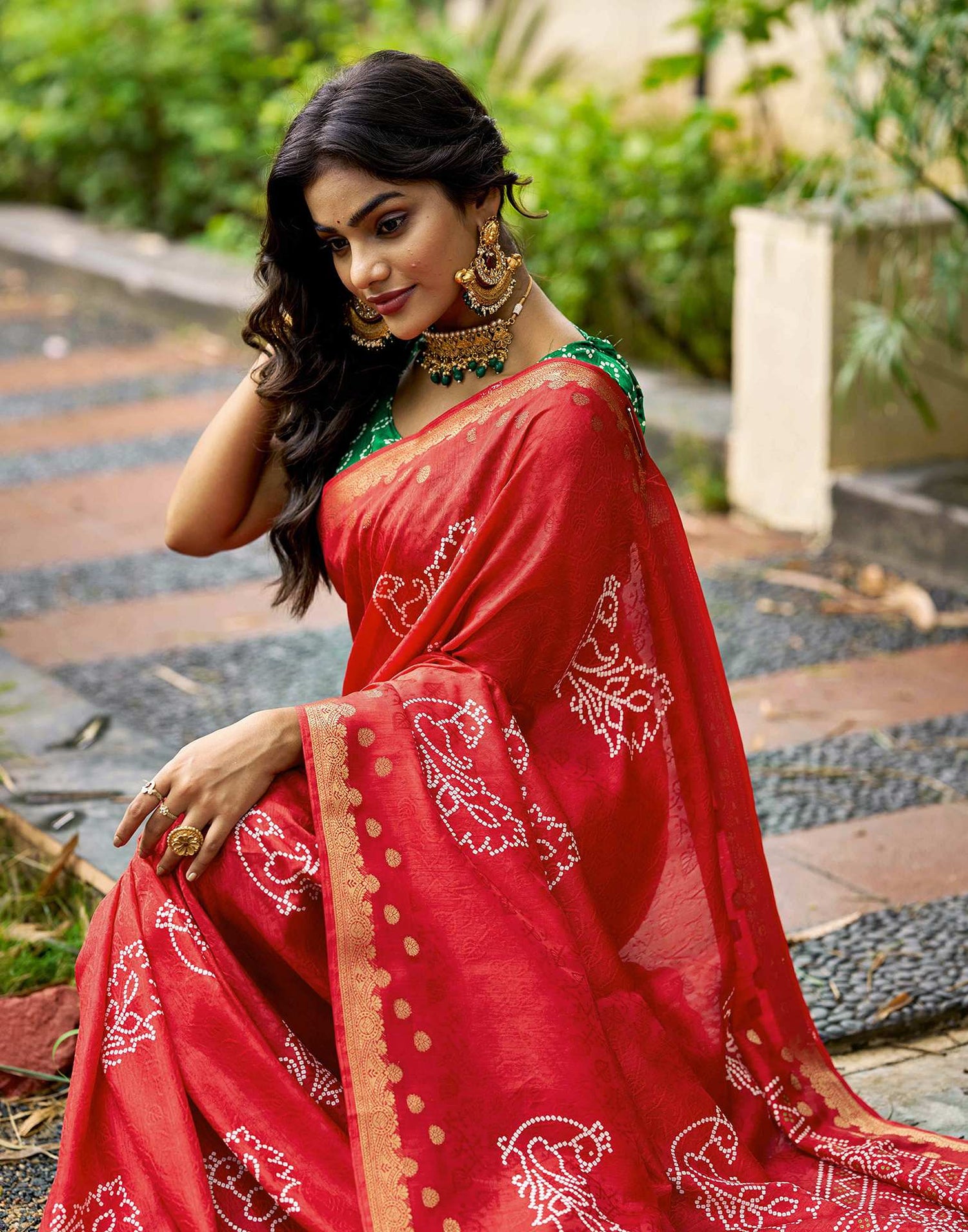 Red Silk Bandhani Printed Saree