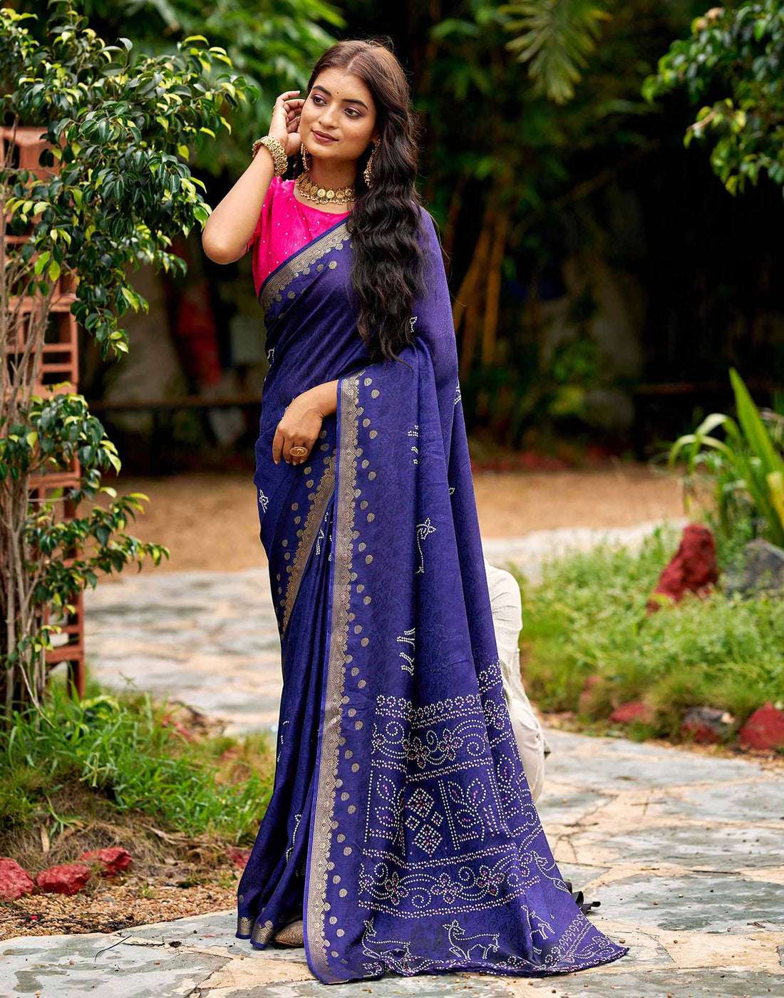 Navy Blue Silk Bandhani Printed Saree