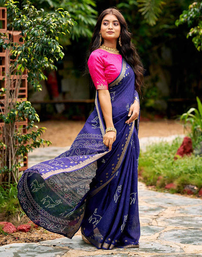 Navy Blue Silk Bandhani Printed Saree