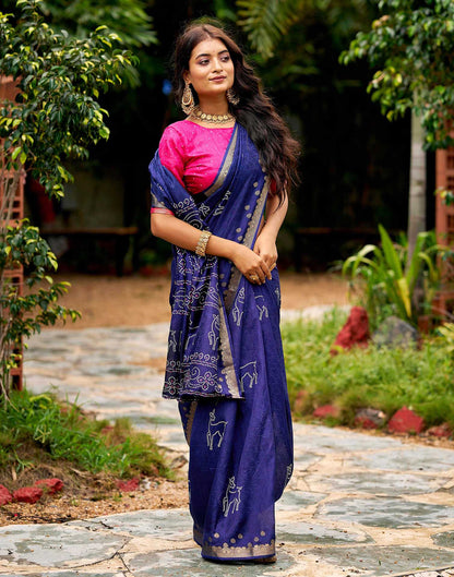 Navy Blue Silk Bandhani Printed Saree