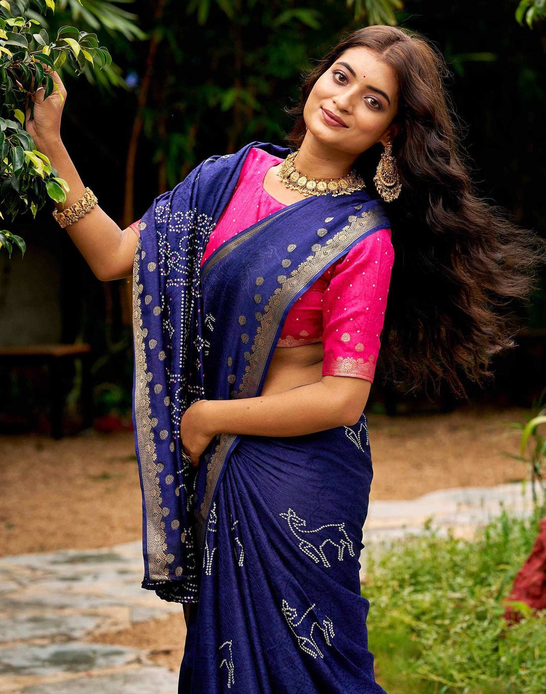 Navy Blue Silk Bandhani Printed Saree