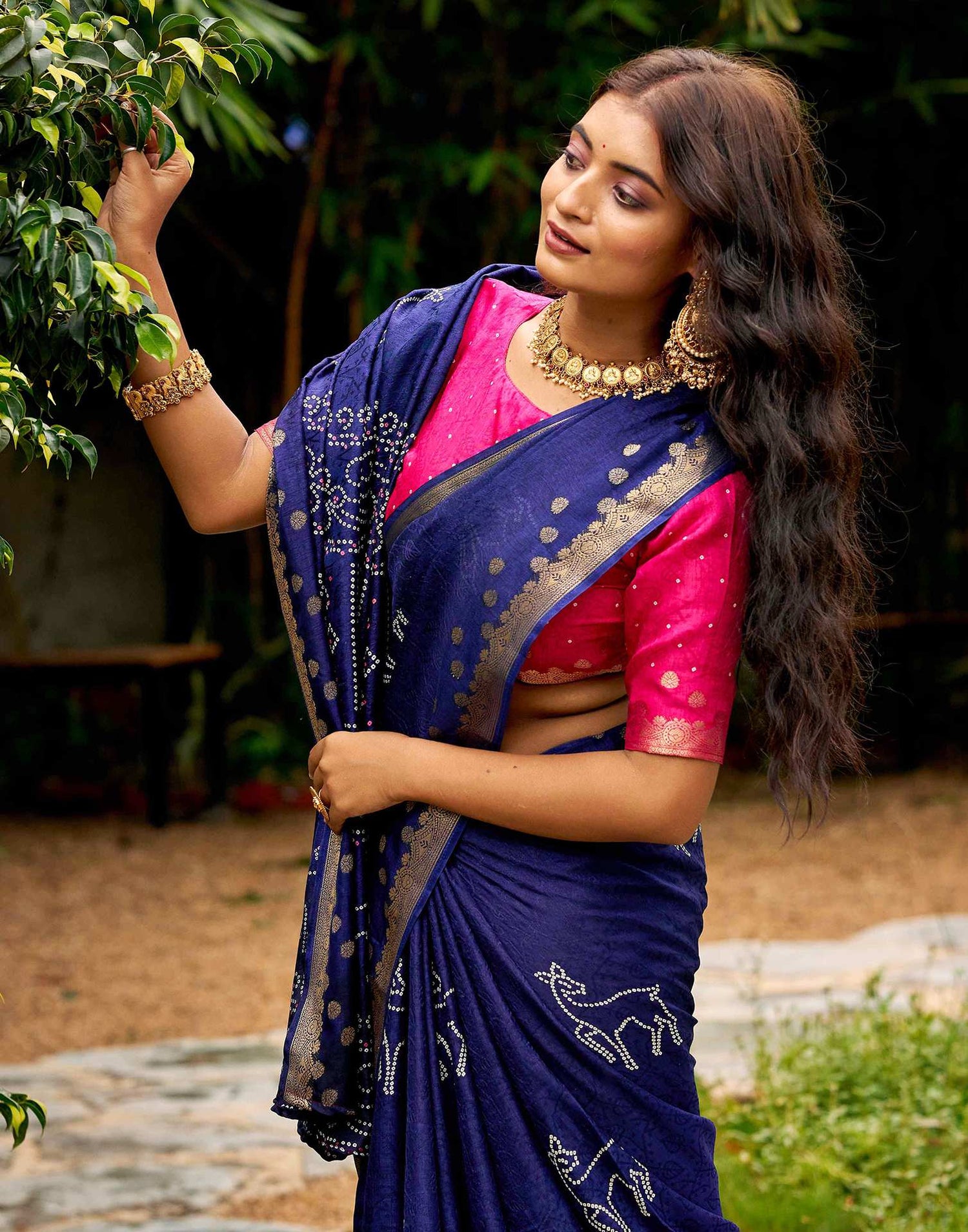 Navy Blue Silk Bandhani Printed Saree