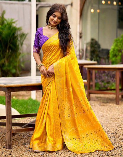 Yellow Silk Bandhani Printed Saree