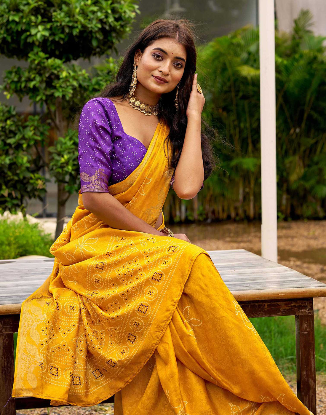 Yellow Silk Bandhani Printed Saree