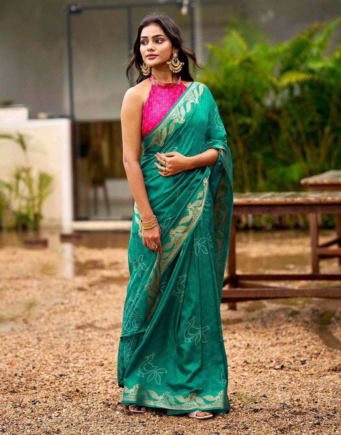 Teal Green Silk Bandhani Printed Saree
